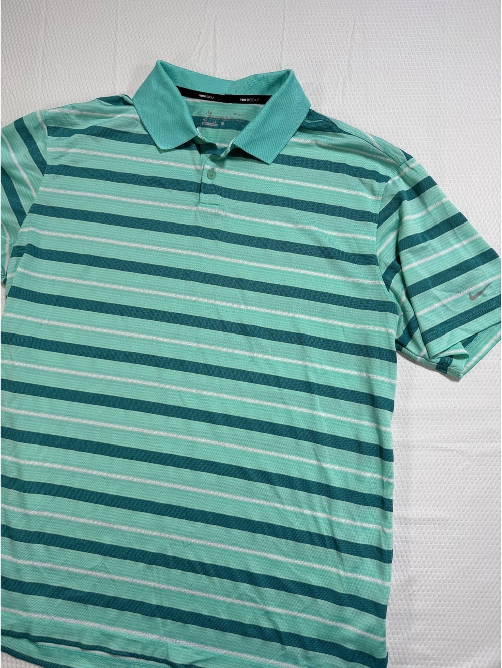 Nike Golf Tour Performance Men’s XL Aqua Green Striped Dri-FIT Polo Shirt